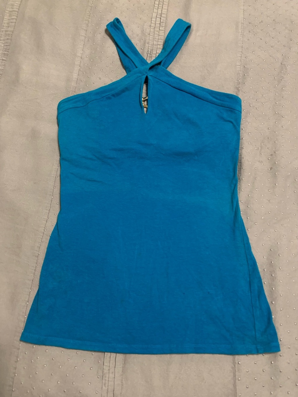 Moda International Women's Turquoise Halter Top Keyhole Front Gold Rings on back